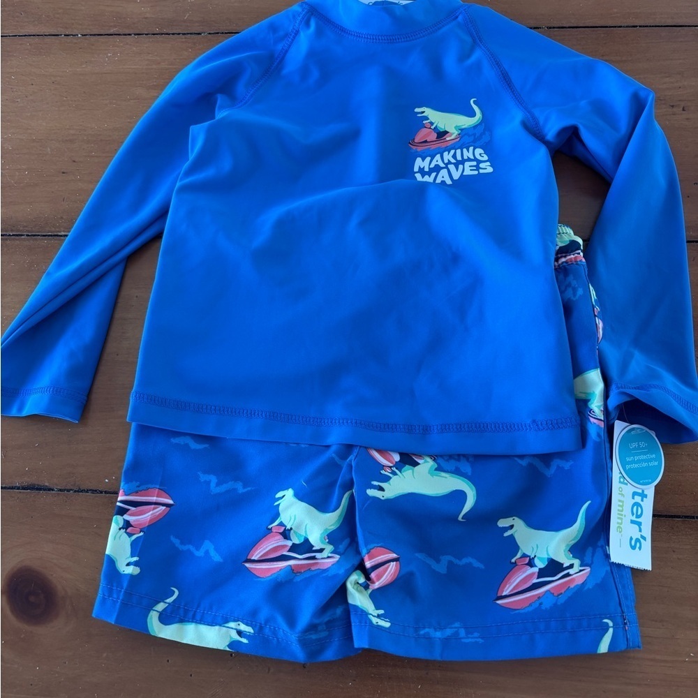 NWT boys Carter's Blue Dinosaur Swim Trunks Set 2T long sleeve shirt and shorts